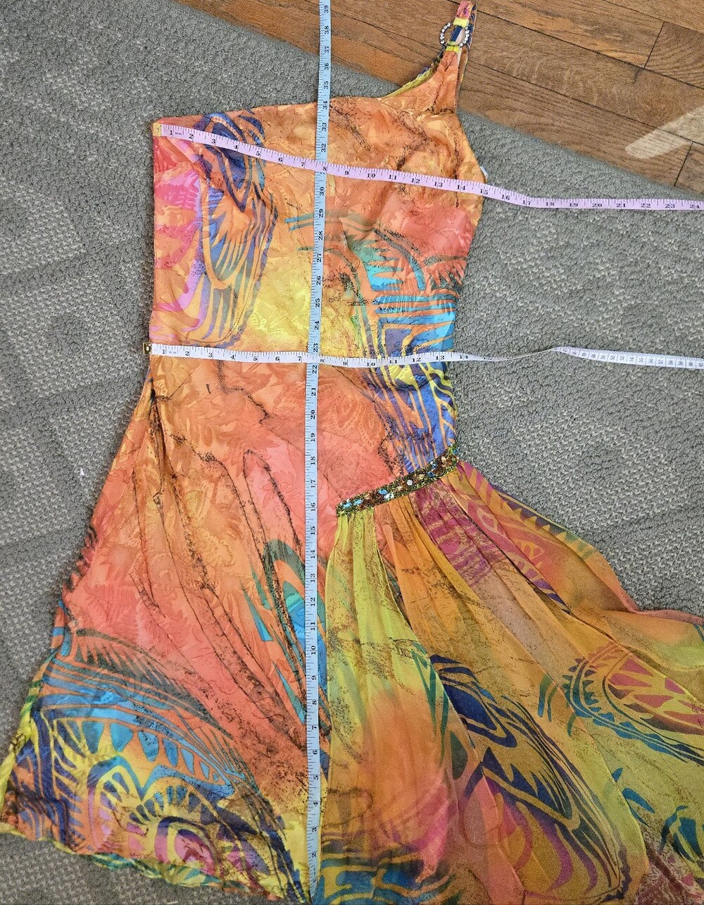 Diane Freis Silk Blend Y2K orange multicolor asymmetrical beaded midi dress - Picture 8 of 16